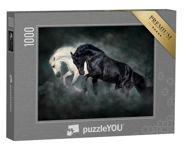 Puzzle 1000 Teile „Spiel der Farben: Schwarzer und weißer Hengst“