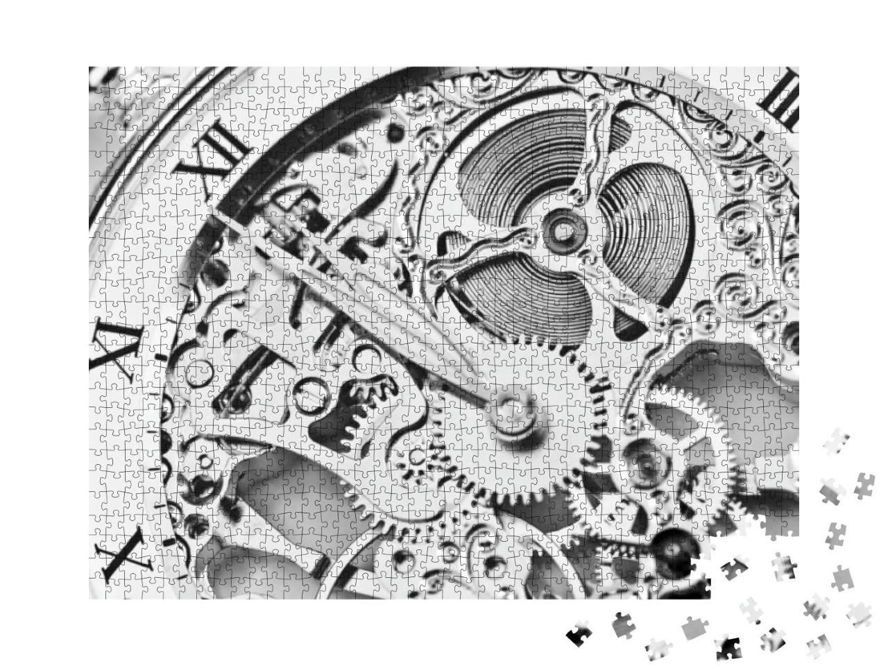 Puzzle 1000 Teile „Schwarz-weiße Nahaufnahme eines Uhrwerks, römische Ziffern“