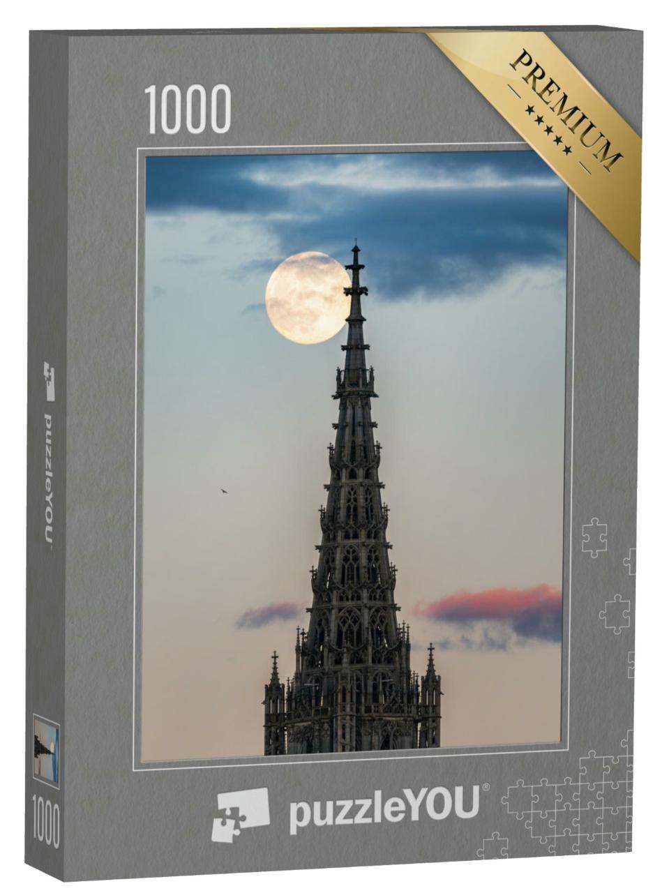 Puzzle 1000 Teile „Spitze des Ulmer Münsters mit Vollmond, Baden-Württemberg, Deutschland“