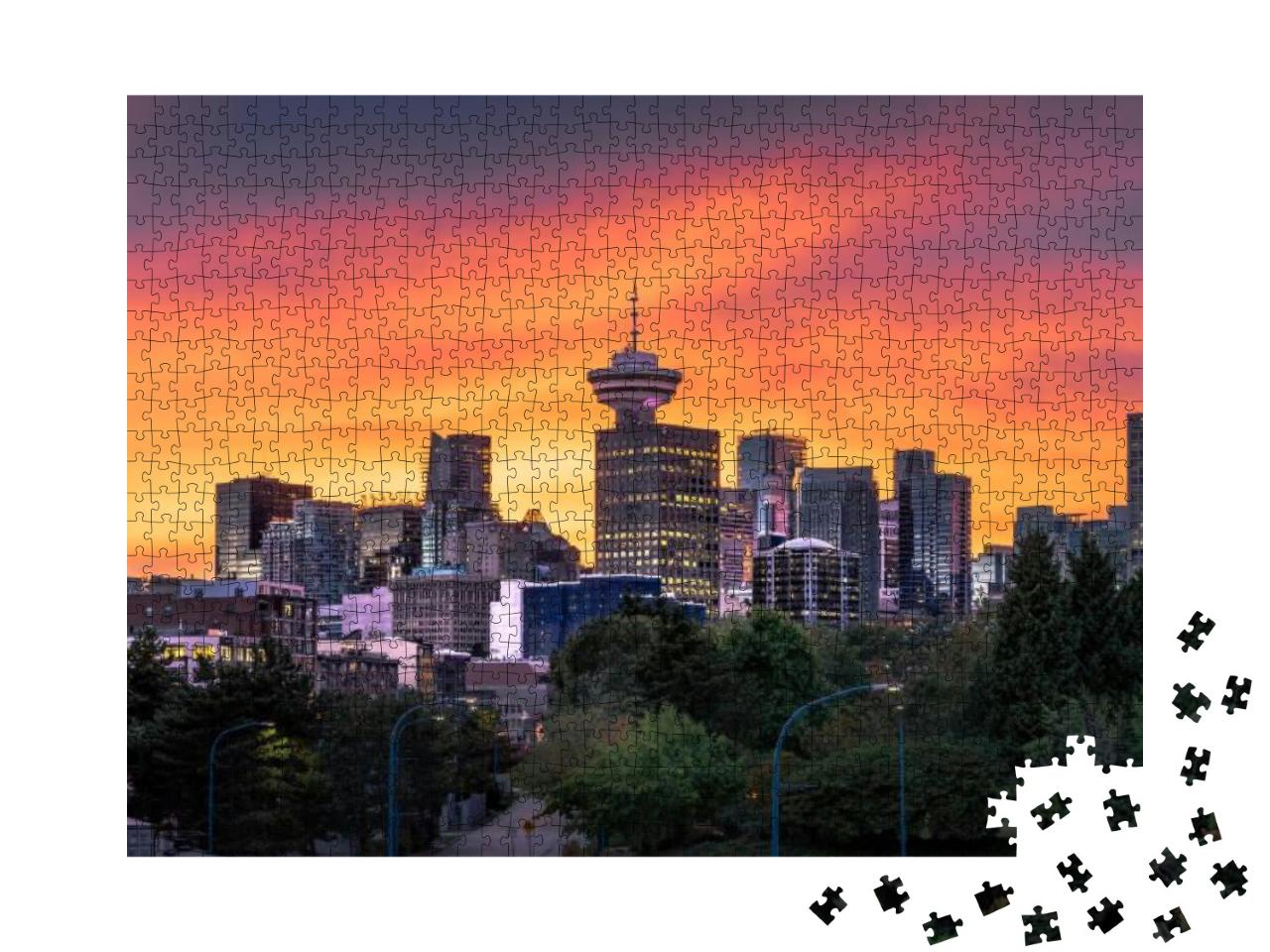 Puzzle 1000 Teile „Farbenfroher Sonnenuntergang hinter der Skyline der Innenstadt von Vancouver“