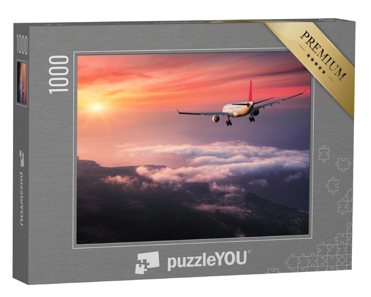 Puzzle 1000 Teile „Flugzeug im roten Abendimmel über den Wolken“
