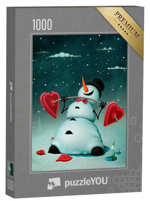 Puzzle 1000 Teile „Grußkarte mit Schneemann für Valentinstag, Weihnachten oder Neujahr“