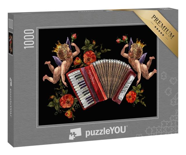 Puzzle 1000 Teile „Ein Engel, Akkordeon und Rosen, Musik“