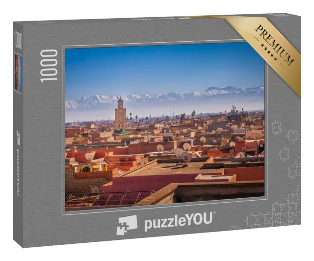 Puzzle 1000 Teile „Panoramablick auf Marrakesch und das schneebedeckte Atlasgebirge, Marokko“