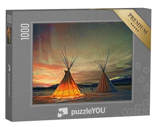 Puzzle 1000 Teile „im Stil von Edvard Munch, Der Schrei - Tipies unter dem Nordlicht in Yukon, Kanada“