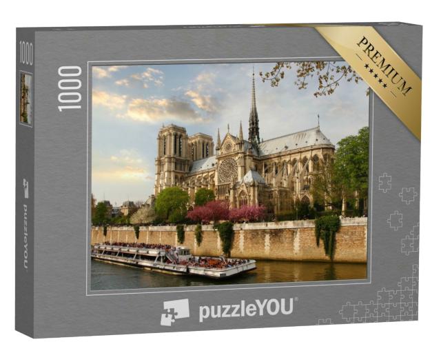 Puzzle 1000 Teile „Paris, Notre Dame mit Boot auf der Seine, Frankreich“
