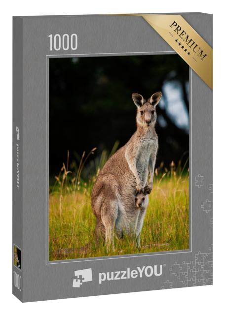 Puzzle 1000 Teile „Känguru-Mutter neugierigem Jungtier im Beutel“