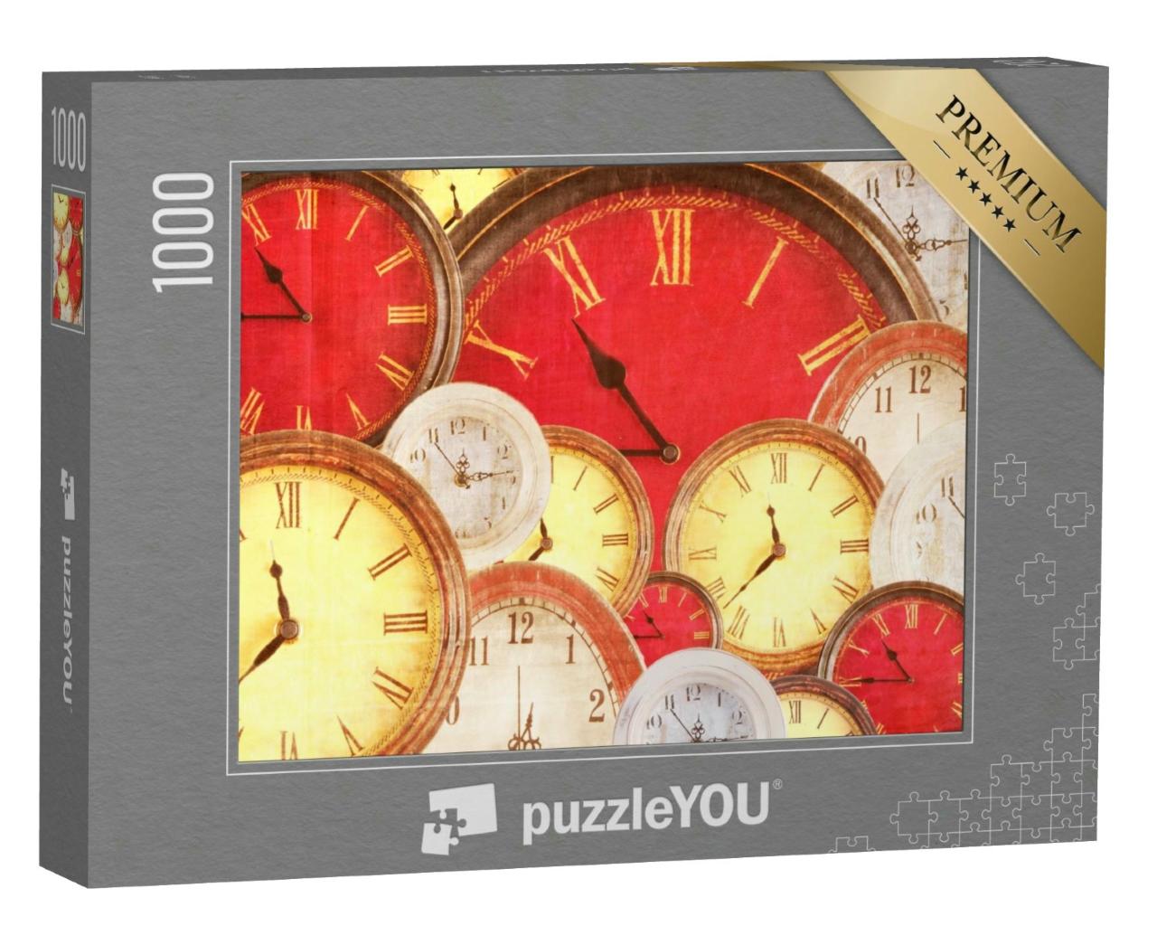 Puzzle 1000 Teile „Viele Vintage-Uhren in verschiedenen Farben mit einem Grunge-Overlay“