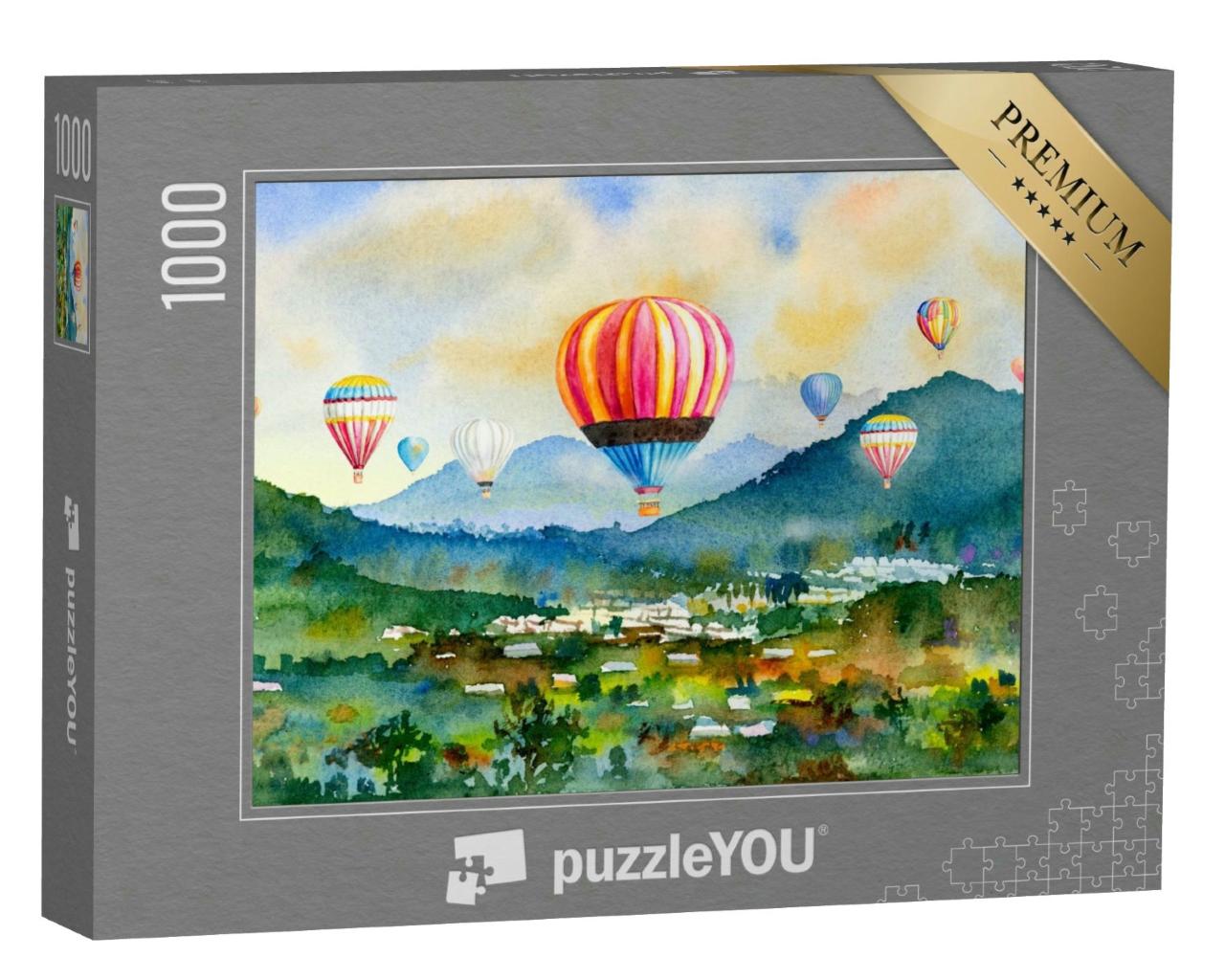 Puzzle 1000 Teile „Aquarell: Heißluftballons über einem Dorf in den Bergen“