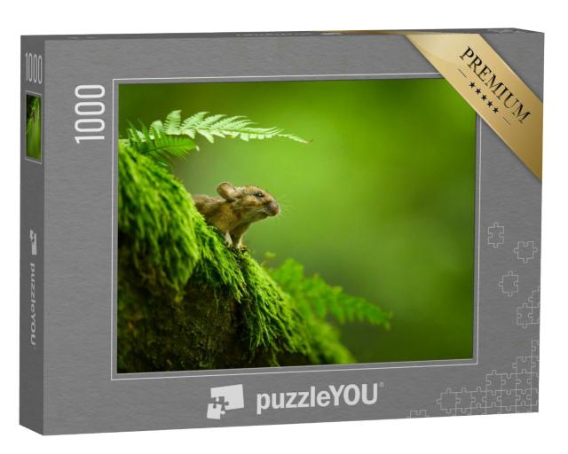 Puzzle 1000 Teile „Neugierige Hausmaus auf einem moosigen Baumstamm“