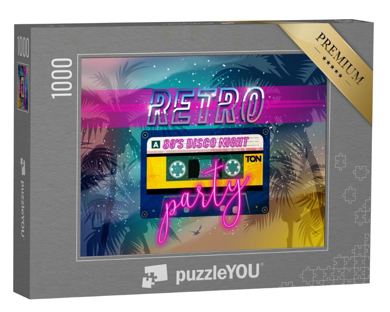 Puzzle 1000 Teile „Retro-Party: 80er-Jahre-Banner, Cover oder Einladungskarte mit Kassettenband“