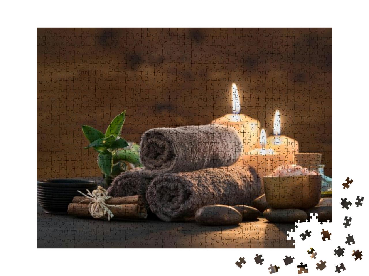 Puzzle 1000 Teile „Handtücher mit Bambus und Kerzen zum Entspannen, Spa-Massage“