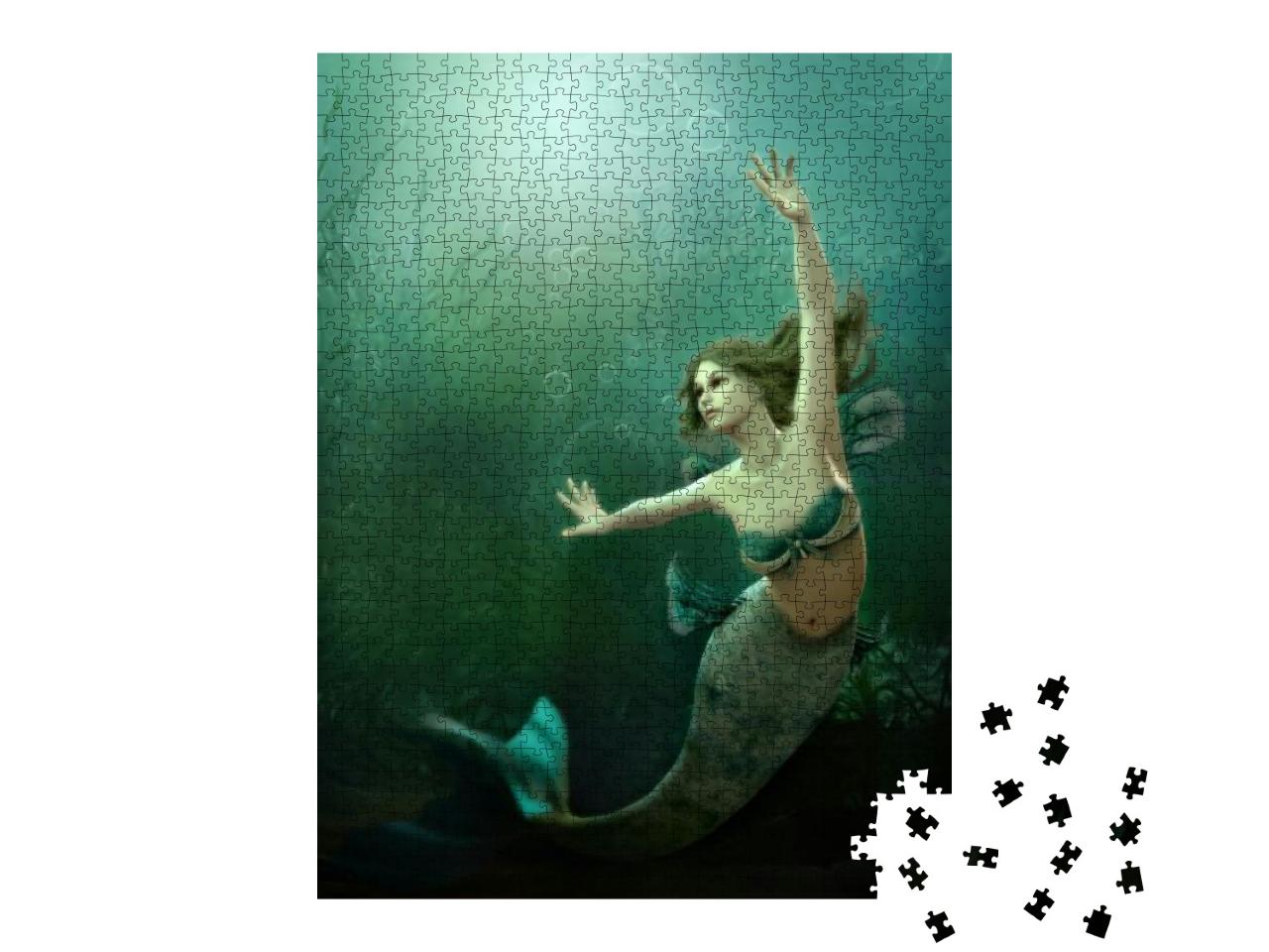 Puzzle 1000 Teile „Digitale Kunst: Tanzende Meerjungfrau im grünschimmernden Meer“