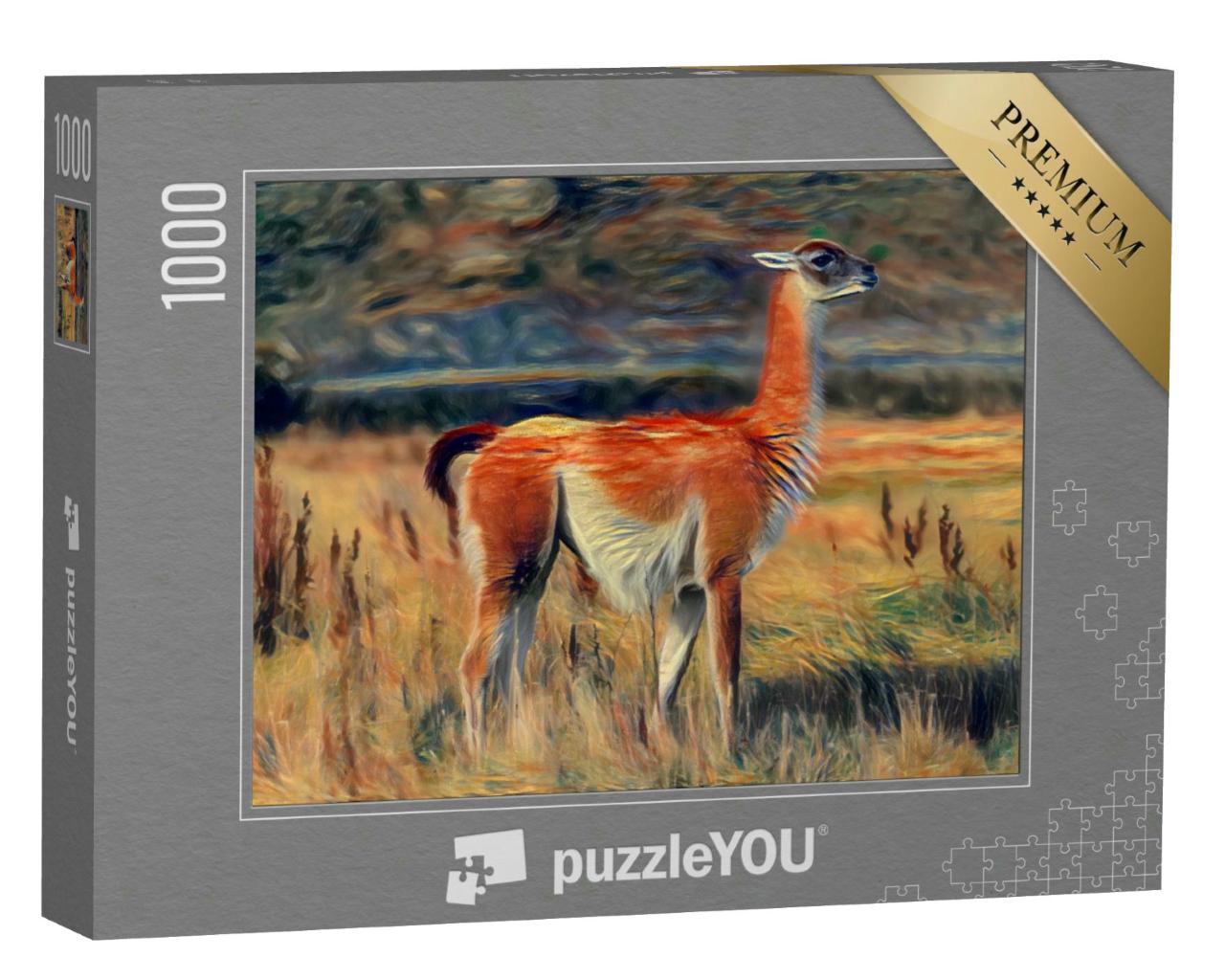 Puzzle 1000 Teile „im Stil von Edvard Munch, Der Schrei - Guanaco im Torres del Paine Nationalpark“