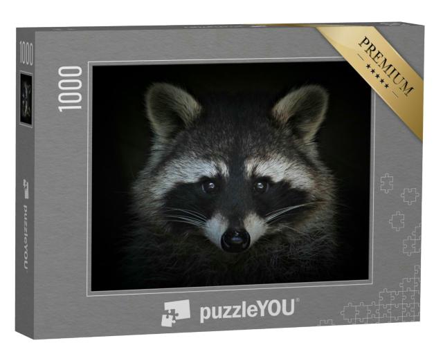 Puzzle 1000 Teile „Porträt eines Waschbären auf schwarzem Hintergrund“