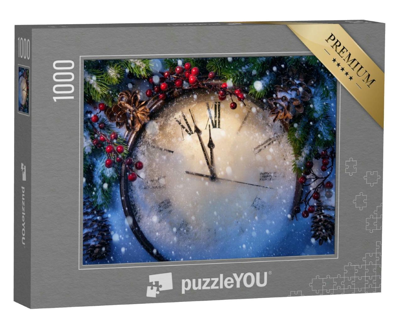 Puzzle 1000 Teile „Weihnachtsstimmung: Uhr und Tannenzweige mit Schnee bedeckt“