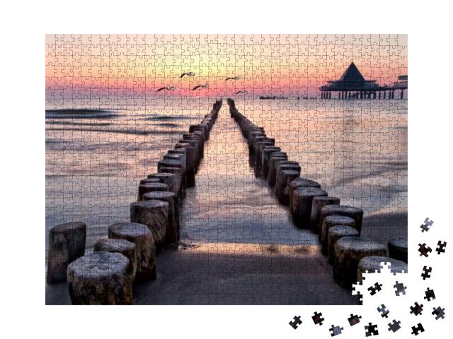 Puzzle 1000 Teile „Sonnenaufgang mit Möwen am Strand von Usedom, Ostsee“