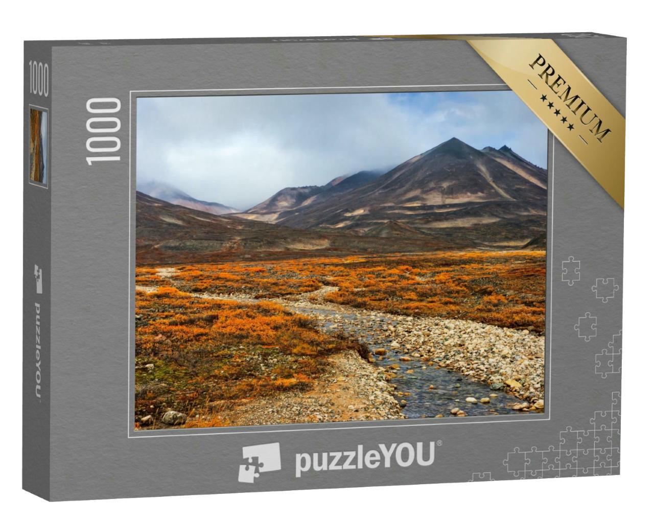 Puzzle 1000 Teile „Herbstlandschaft: arktische Natur, kleiner Fluss inmitten der Tundra, Sibirien“