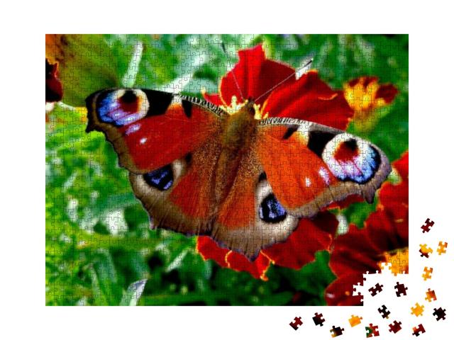 Puzzle 1000 Teile „Wunderschöner Schmetterling: Tagpfauenauge auf einer roten Blüte“