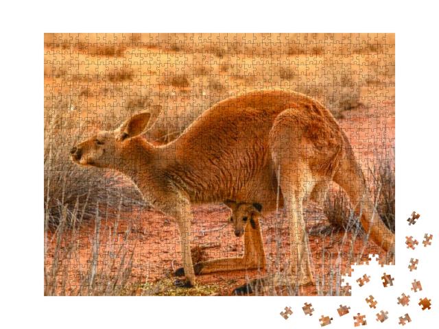 Puzzle 1000 Teile „Känguru-Muttertier mit Jungtier im roten Sand des Outbacks von Zentralaustralien“