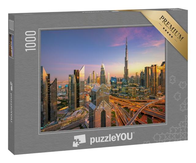 Puzzle 1000 Teile „Luxus-Wolkenkratzer bei Sonnenuntergang: Skyline von Dubai“