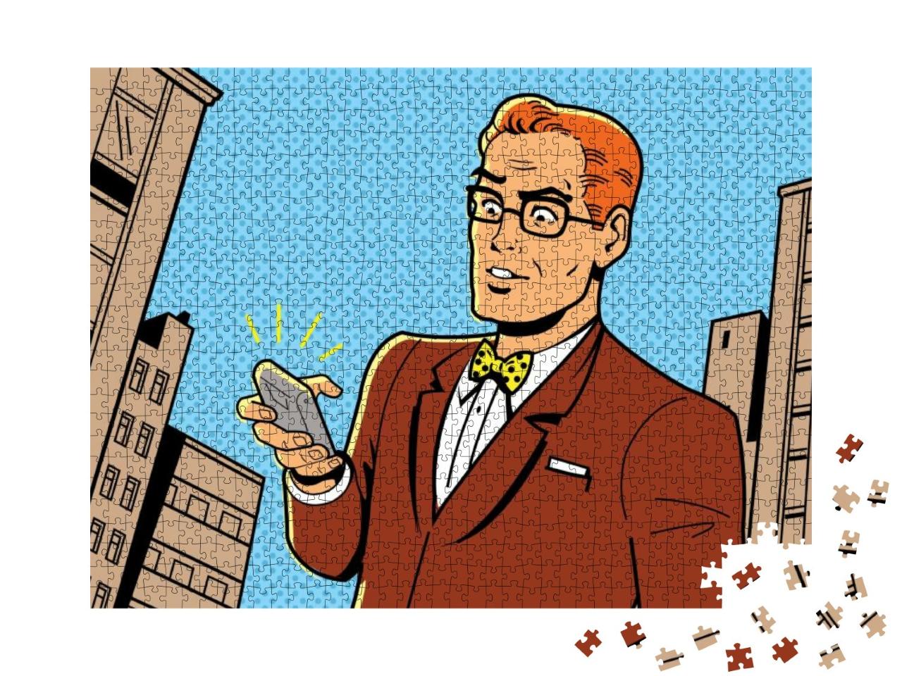 Puzzle 1000 Teile „Ironische Illustration: Retro-Mann mit modernem Smartphone“