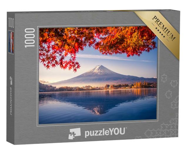 Puzzle 1000 Teile „Herbstmorgen am Berg Fuji mit roten Blättern am Kawaguchiko-See, Japan“