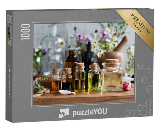 Puzzle 1000 Teile „Auswahl an ätherischen Ölen, im Hintergrund verschiedene Kräuter und Blumen“