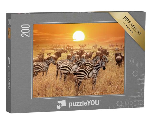 Puzzle 200 Teile „Zebra bei Sonnenuntergang im Serengeti-Nationalpark. Afrika. Tansania.“