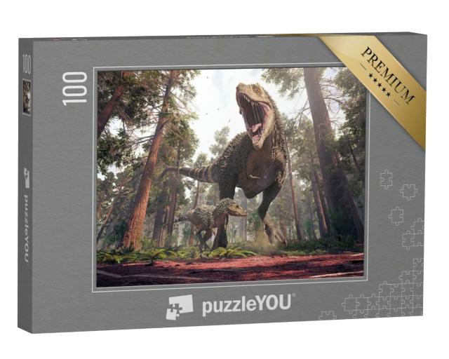 Puzzle 100 Teile „3D-Rendering des Tyrannosaurus Rex und seines Jungtiers“