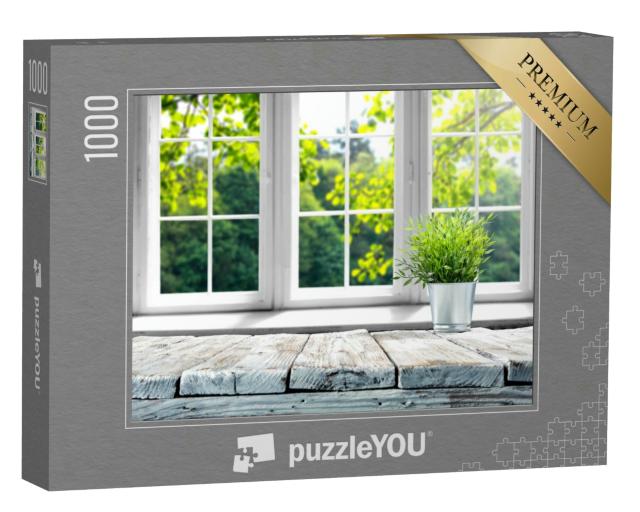 Puzzle 1000 Teile „Helles Frühlingsfenster mit Holzfensterbank“