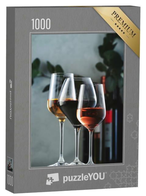 Puzzle 1000 Teile „Sortiment von Weinen: Rot-, Weiß- und Roséwein in Weingläsern und Flaschen“