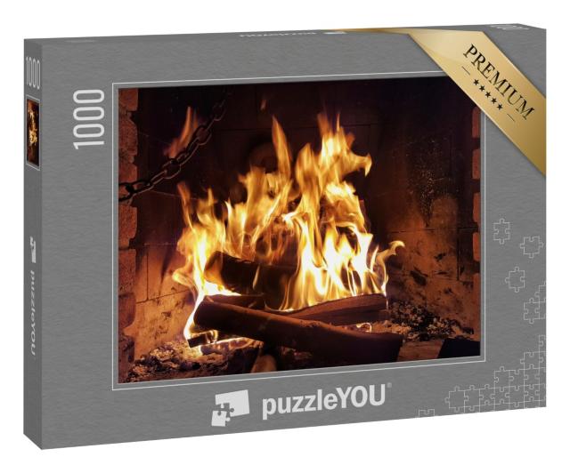 Puzzle 1000 Teile „Gemütlicher Abend vor dem Kamin: Feuerstelle, Holz, Flammen“