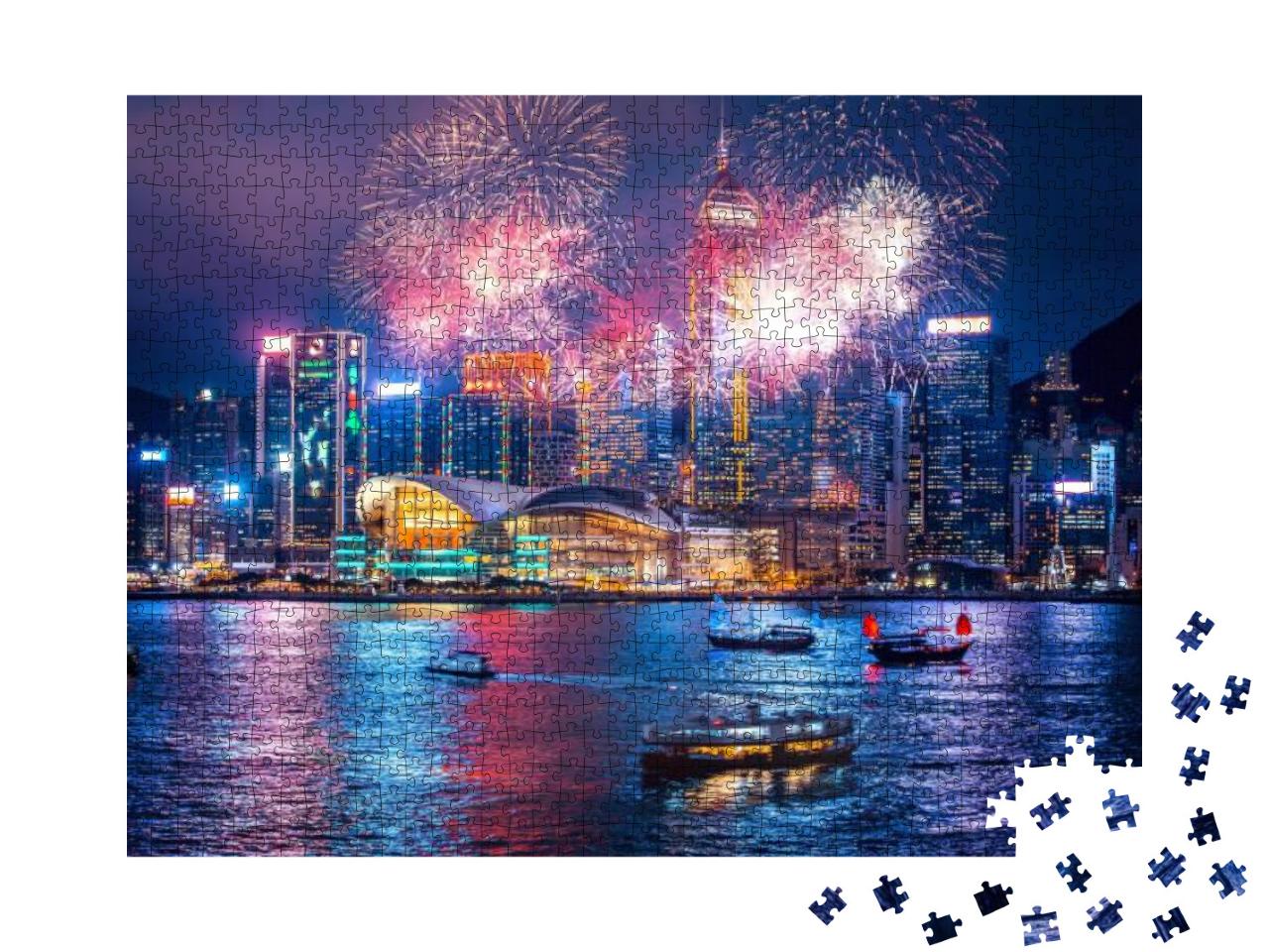 Puzzle 1000 Teile „Feuerwerk im Victoria-Hafen von Hongkong“