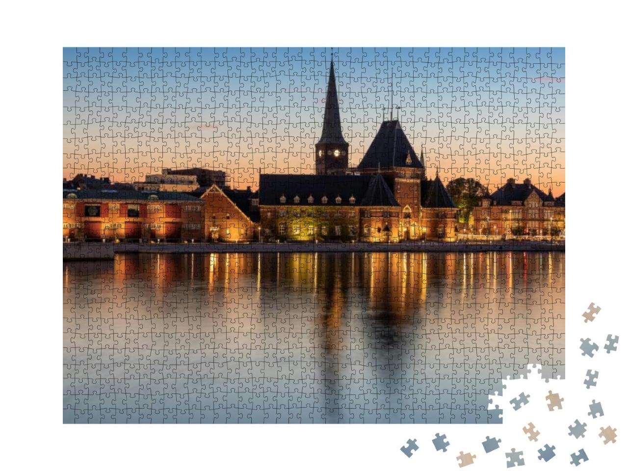 Puzzle 1000 Teile „Hafen in Aarhus: Dänemark zur blauen Stunde“