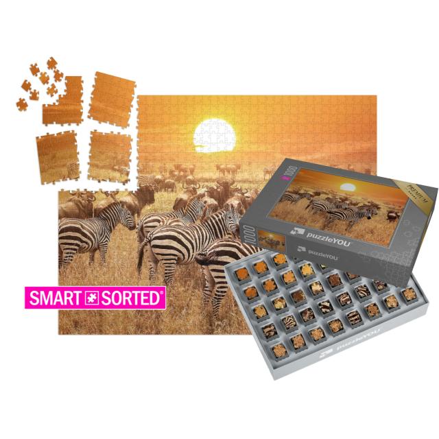 SMART SORTED® | Puzzle 1000 Teile „Zebra bei Sonnenuntergang im Serengeti-Nationalpark. Afrika. Tansania.“
