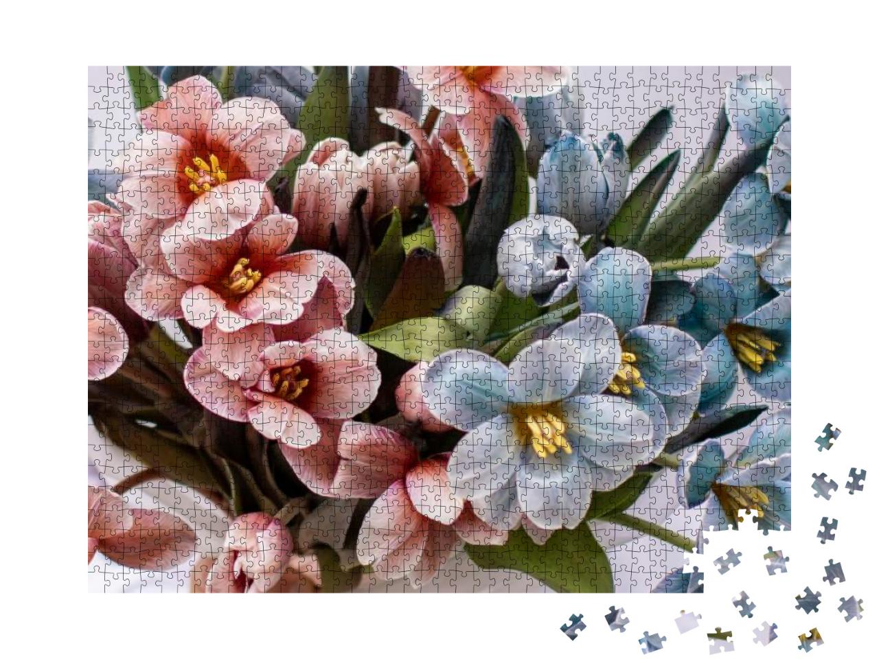 Puzzle 1000 Teile „Junger Mann hält zarten Blumenstrauß aus Tulpen, Muttertag“