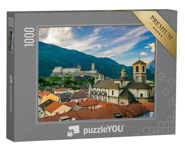 Puzzle 1000 Teile „Schloss Castelgrande hinter der Stiftskirche in Bellinzona, Schweiz“