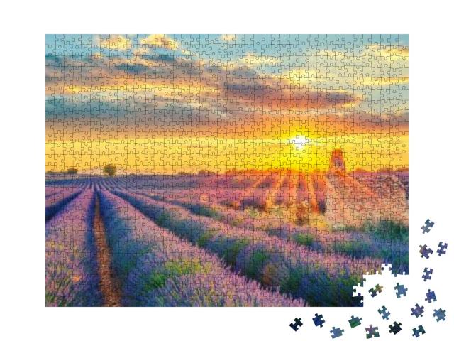 Puzzle 1000 Teile „Frankreich: Lavendelfeld im Sonnenuntergang“