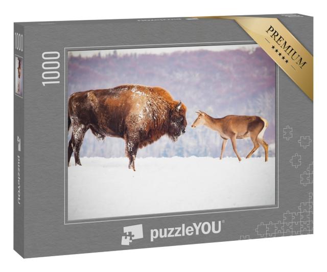 Puzzle 1000 Teile „europäische Bisons und Hirsche im Winter“