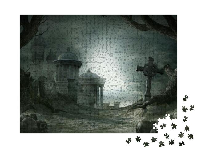 Puzzle 1000 Teile „Illustration: Verlassener Schrein auf einem Friedhof“