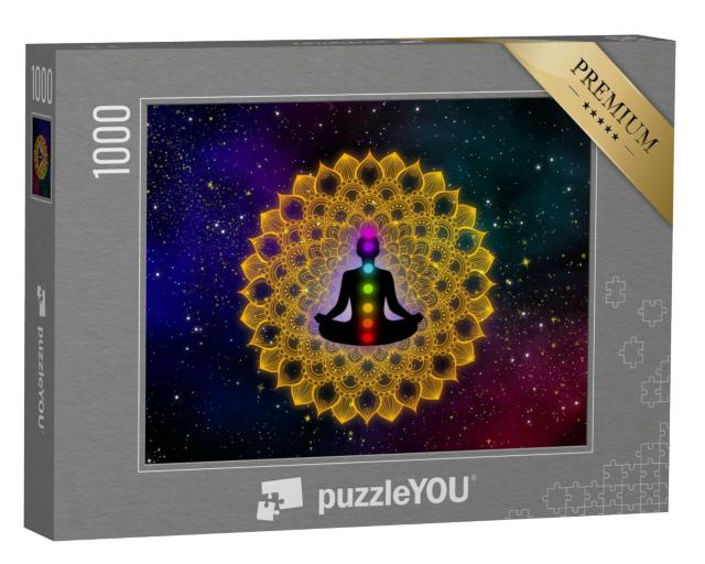 Puzzle 1000 Teile „Mann und seine sieben Chakra auf Luxus-Gold Mandala“