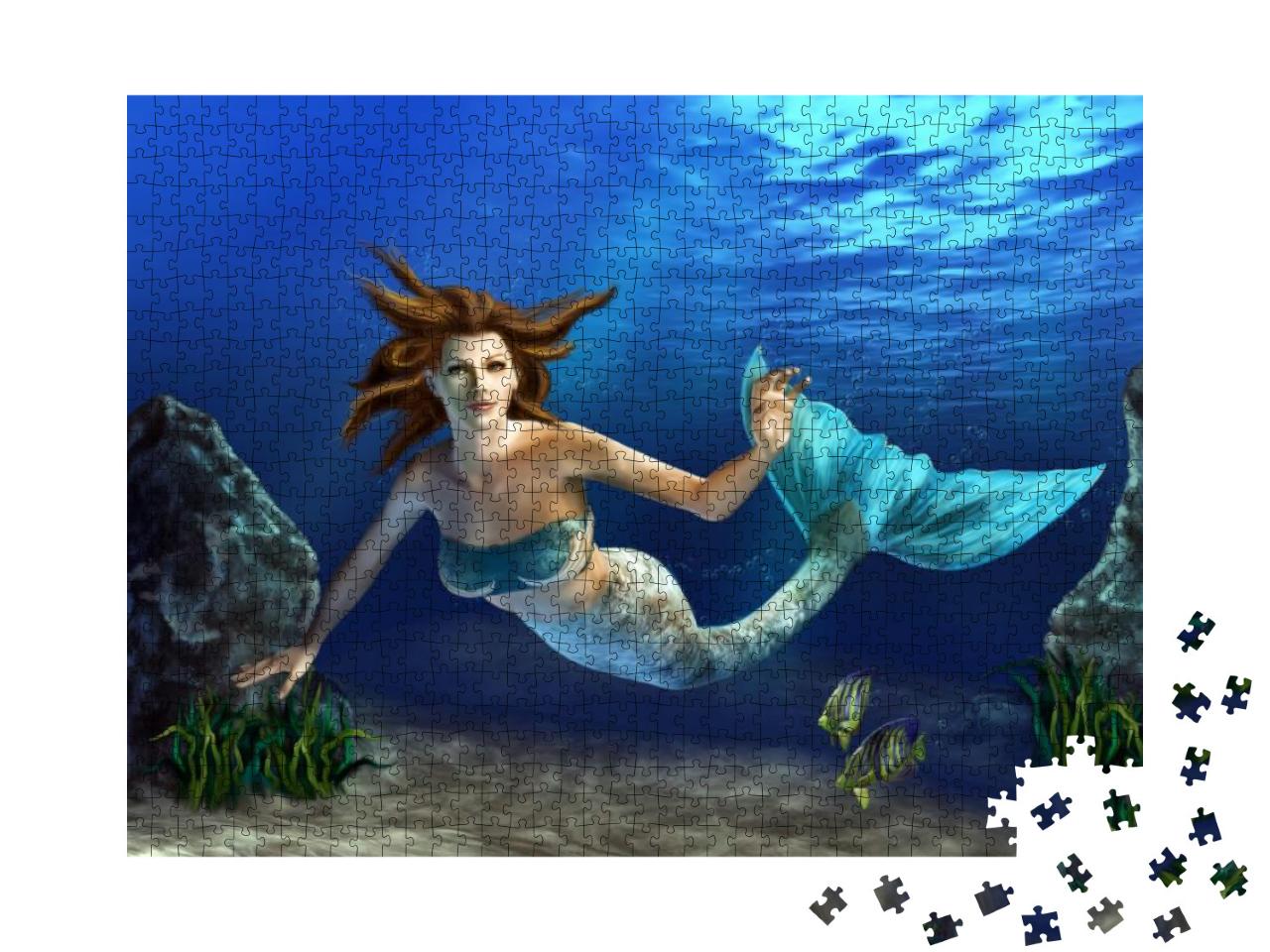 Puzzle 1000 Teile „Digitale Kunst: Schöne Meerjungfrau beim Tauchen im Meer“