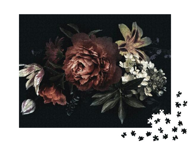 Puzzle 1000 Teile „Vintage-Karte mit Pfingstrosen, Tulpen, Lilie, Hortensie auf schwarzem Hintergrund“