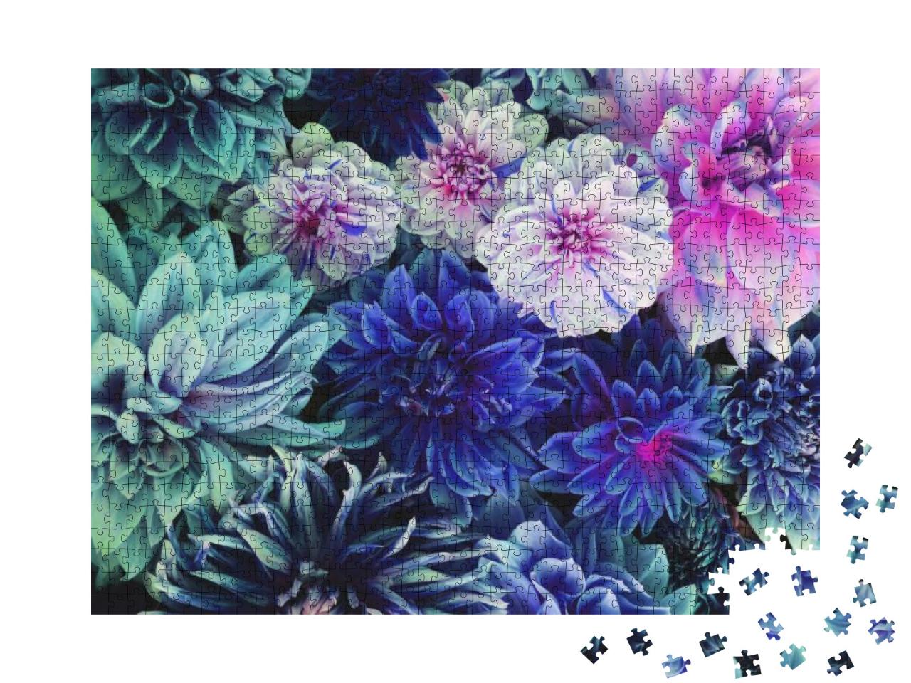 Puzzle 1000 Teile „Weiße und lila Dahlienblüten in voller Blüte“
