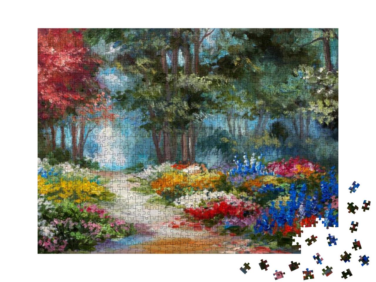 Puzzle 1000 Teile „Ölgemälde: Von Blumen gesäumter Waldweg“