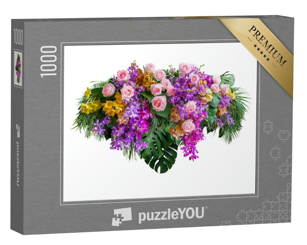 Puzzle 1000 Teile „Rosa Rose und Orchidee: Blumen mit tropischen grünen Blättern“