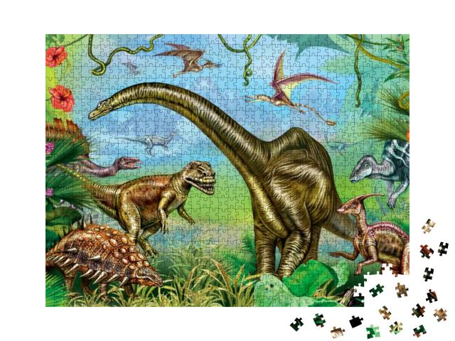 Puzzle 1000 Teile „Alte Tropenlandschaft: Welt der beeindruckenden Dinosaurier“