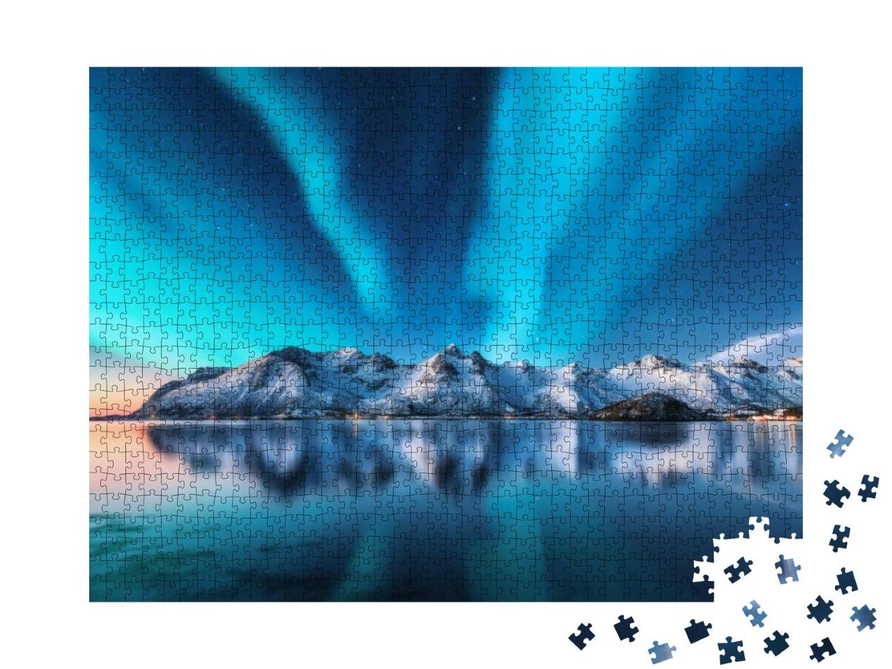 Puzzle 1000 Teile „Nordlicht und schneebedeckte Berge auf den Lofoten, Norwegen“