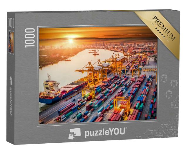 Puzzle 1000 Teile „Hafen und Großsstadt im goldenen Abendlicht“